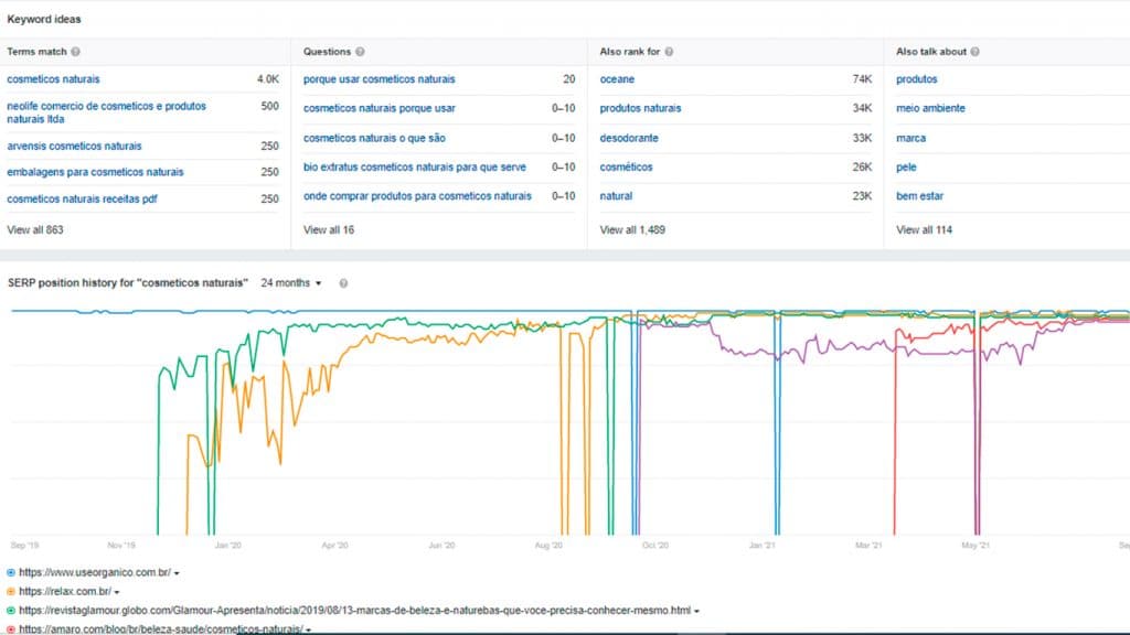 Curso de SEO - Ahrefs - pesquisa palavra-chave cosméticos naturais - visão 2