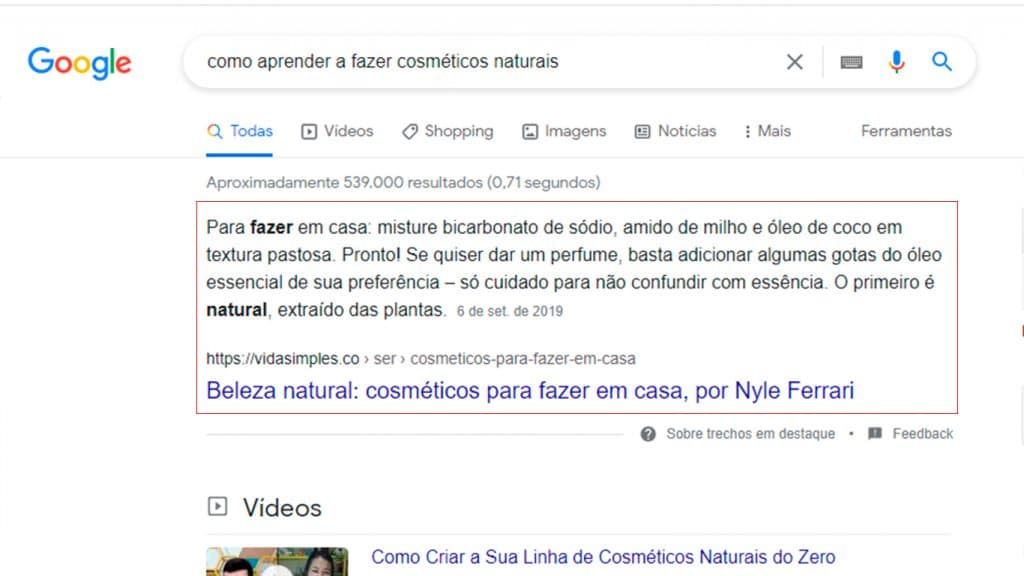 Curso de SEO - exemplo de feature snippet na página de pesquisa do Google