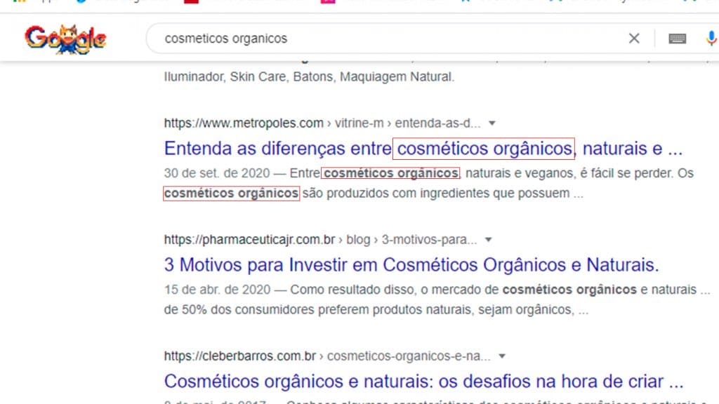 Curso de SEO - exemplo titulo e meta-descrição para cosmeticos organicos