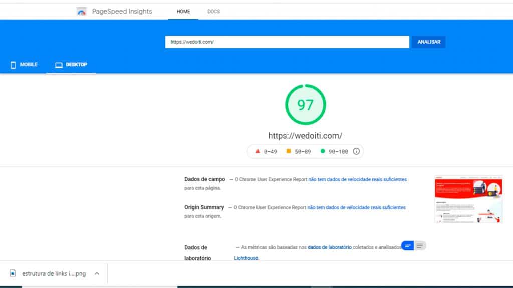 Curso de SEO - teste da wedoiti pelo page speed insights