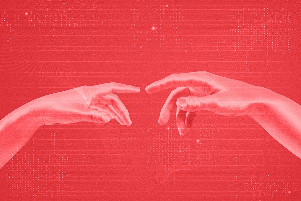 transformação digital - AI digital transformation background in blue with robotic hands