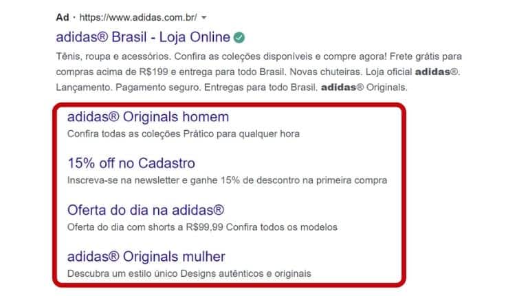 Anúncios do Google - onde estão indicados os sitelinks